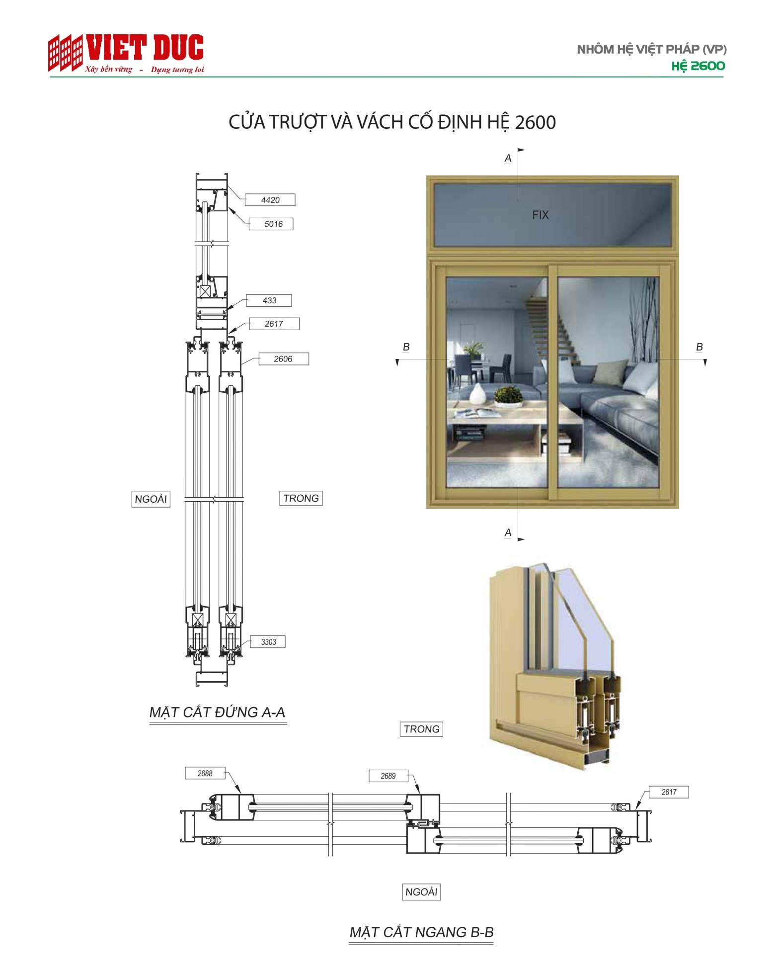 Cửa trượt nhôm Việt Pháp hệ 2600 02