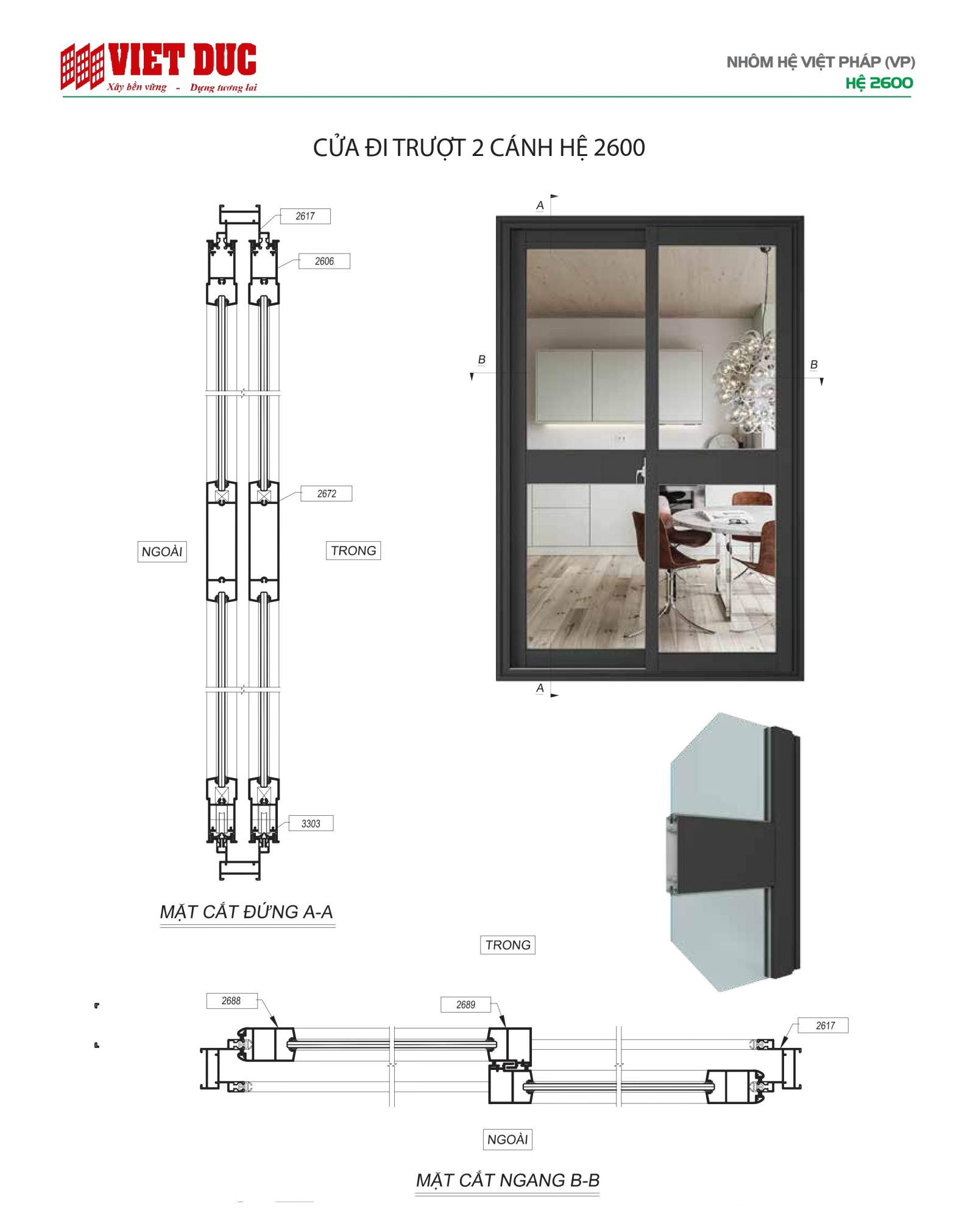 Cửa trượt nhôm Việt Pháp hệ 2600 03