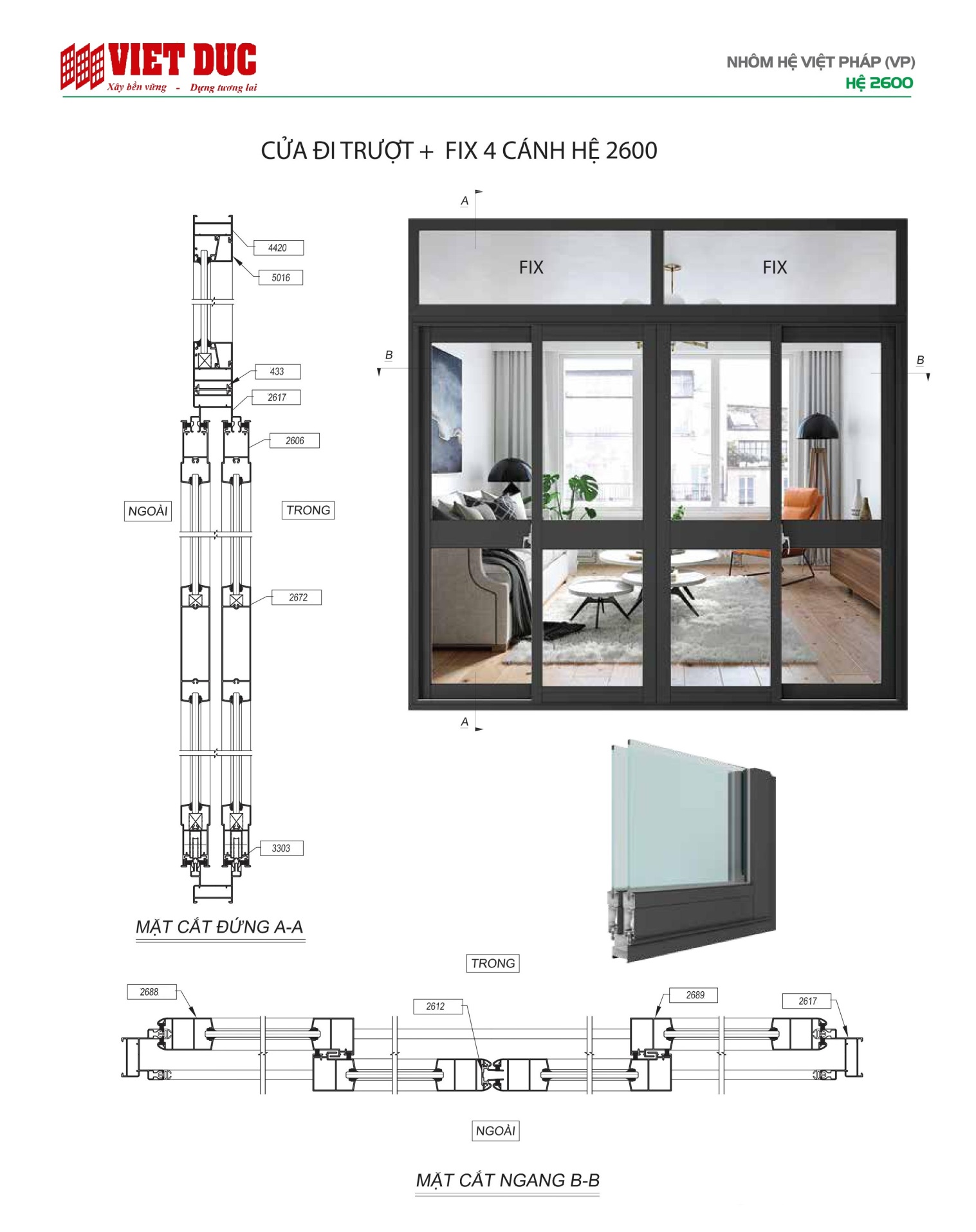 Cửa trượt nhôm Việt Pháp hệ 2600 04